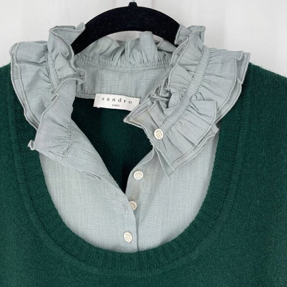 Sandro Bottle Green Ruffle Neck 100% Wool 100% Cotton Layered Pullover Sweater L - Picture 6 of 12